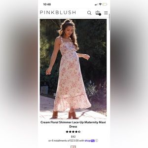 Pink blush maternity dress - cream floral shimmer lace up